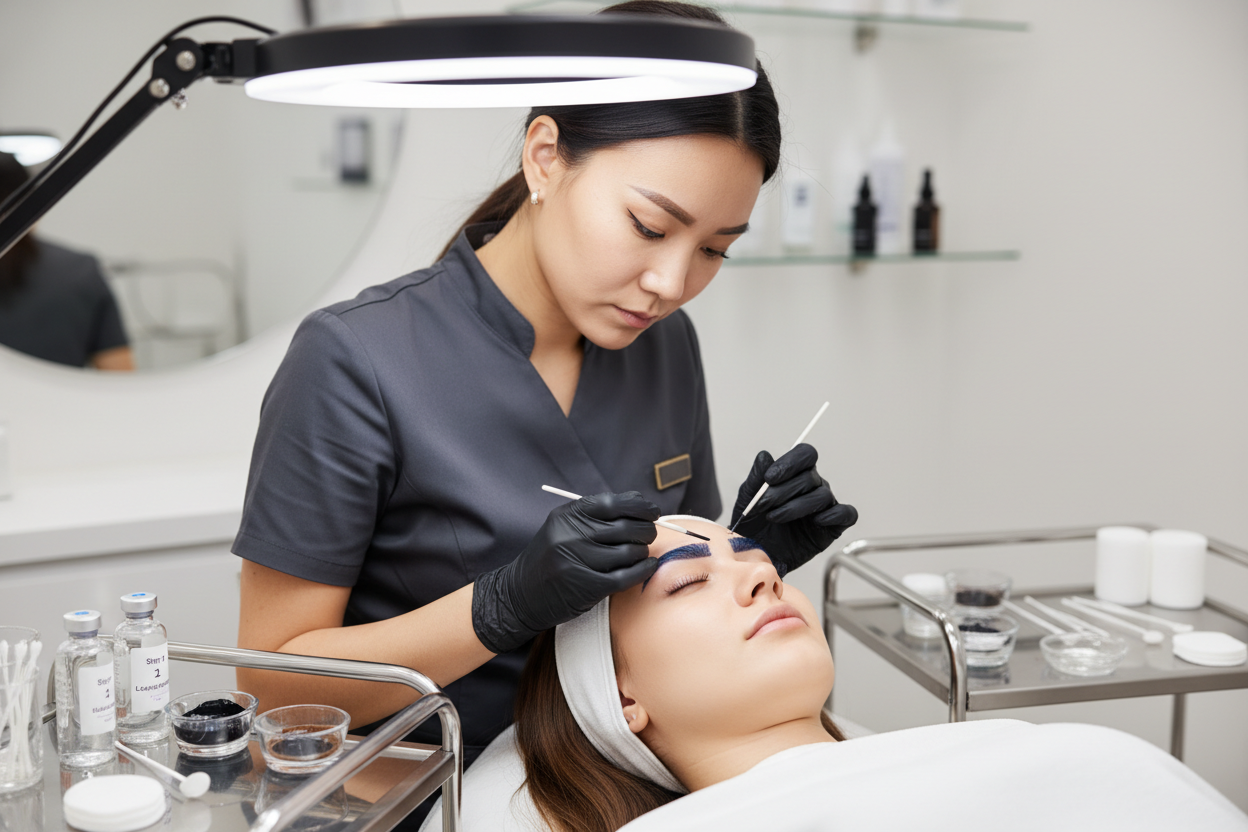 brow lamination and tint and lash lift and tint performed by a asian esthetician